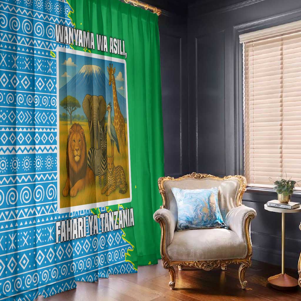 Tanzania Wildlife Window Curtain - Tribal Print and Mount Kilimanjaro Safari Scene