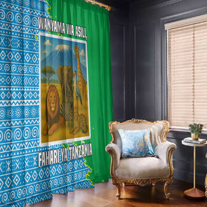 Tanzania Wildlife Window Curtain - Tribal Print and Mount Kilimanjaro Safari Scene
