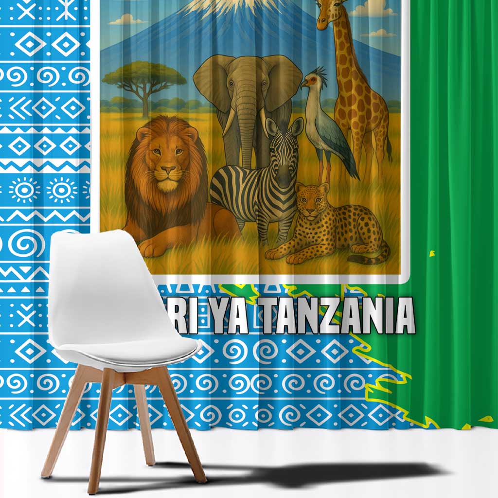Tanzania Wildlife Window Curtain - Tribal Print and Mount Kilimanjaro Safari Scene
