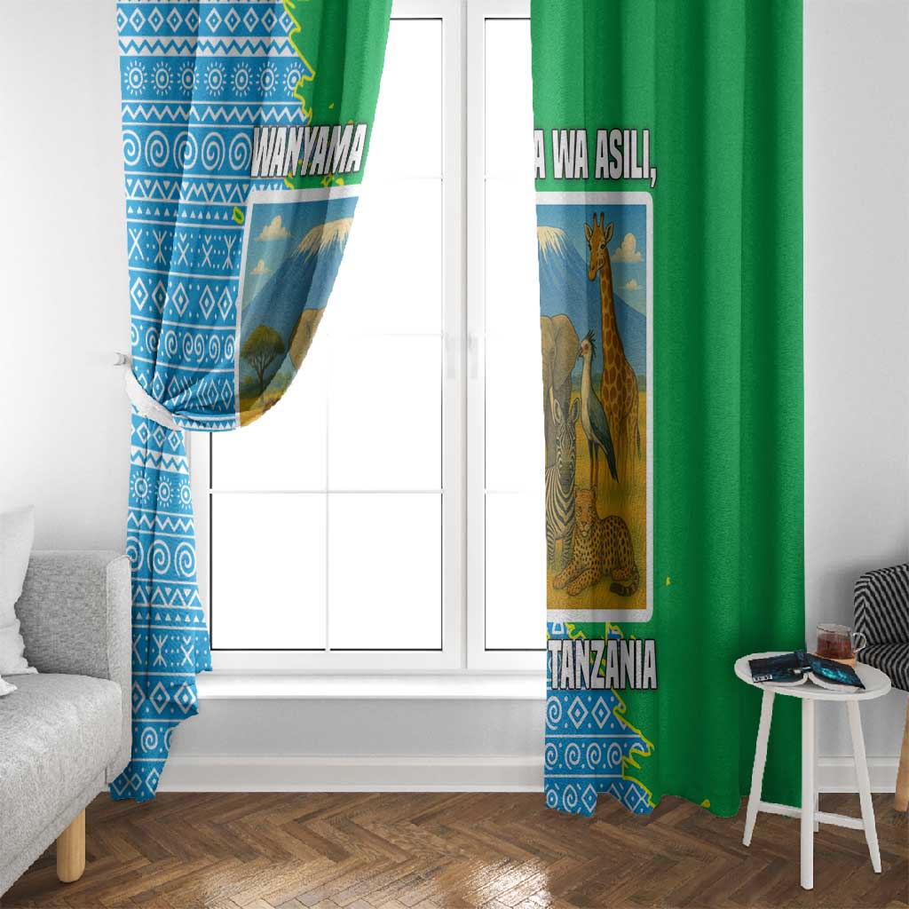 Tanzania Wildlife Window Curtain - Tribal Print and Mount Kilimanjaro Safari Scene