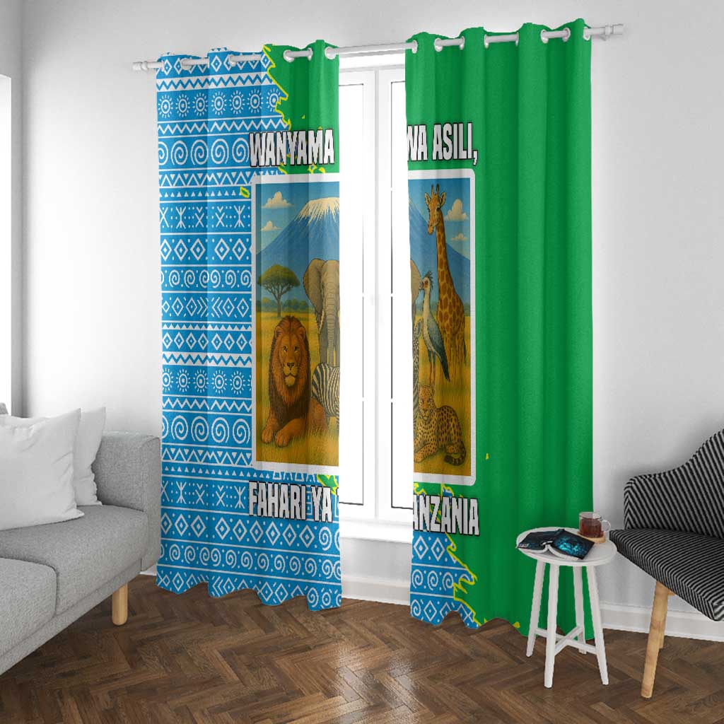 Tanzania Wildlife Window Curtain - Tribal Print and Mount Kilimanjaro Safari Scene
