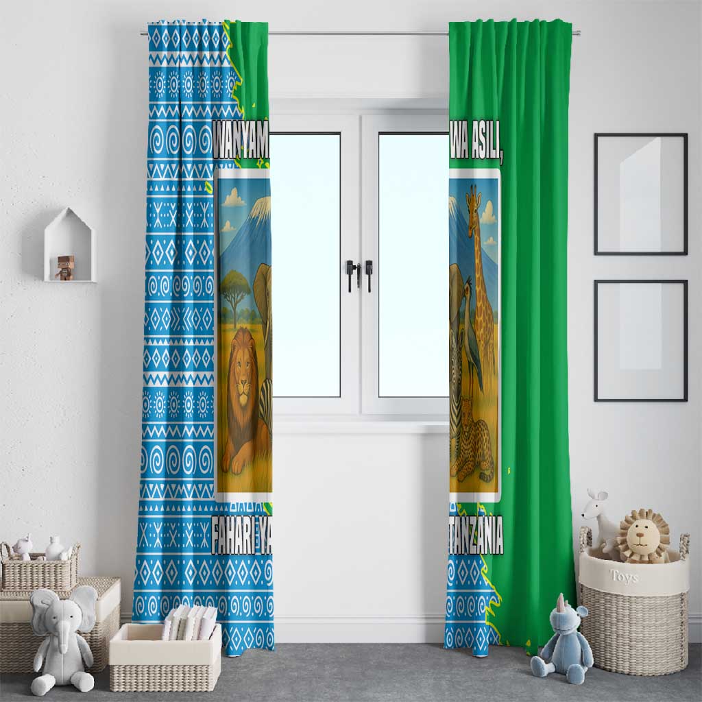 Tanzania Wildlife Window Curtain - Tribal Print and Mount Kilimanjaro Safari Scene