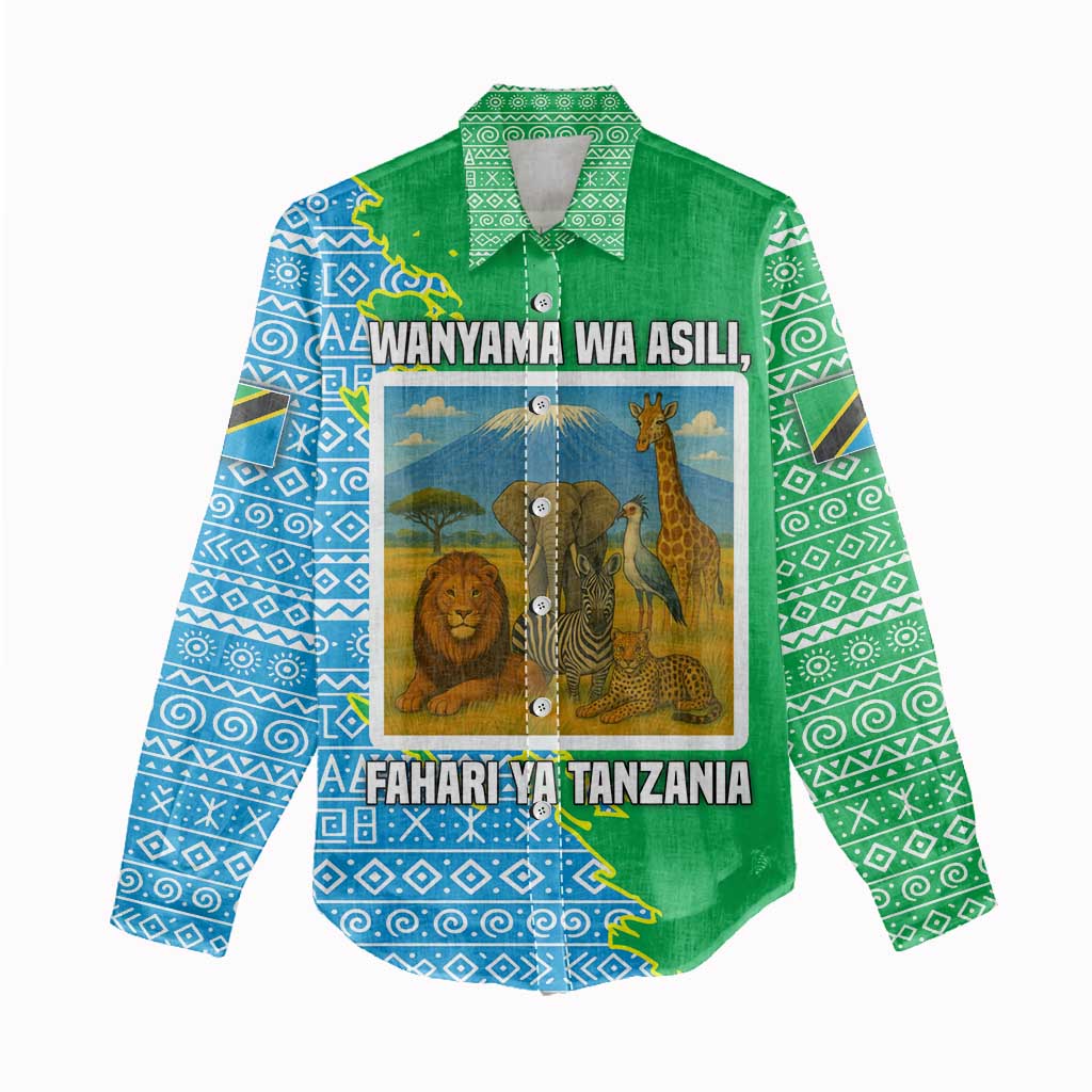 Tanzania Wildlife Women Casual Shirt - Tribal Print and Mount Kilimanjaro Safari Scene