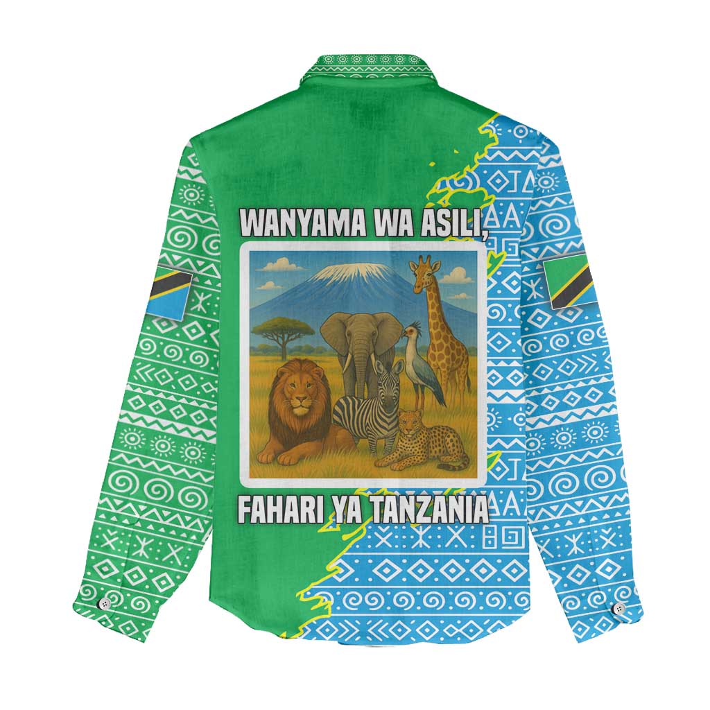 Tanzania Wildlife Women Casual Shirt - Tribal Print and Mount Kilimanjaro Safari Scene