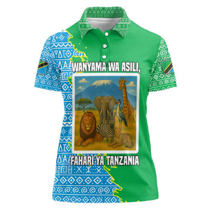 Tanzania Wildlife Women Polo Shirt - Tribal Print and Mount Kilimanjaro Safari Scene