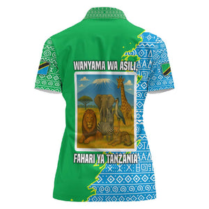 Tanzania Wildlife Women Polo Shirt - Tribal Print and Mount Kilimanjaro Safari Scene