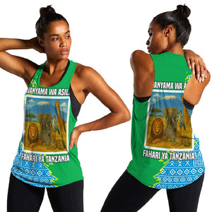 Tanzania Wildlife Women Racerback Tank - Tribal Print and Mount Kilimanjaro Safari Scene