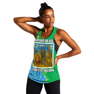 Tanzania Wildlife Women Racerback Tank - Tribal Print and Mount Kilimanjaro Safari Scene