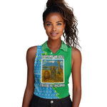 Tanzania Wildlife Women Sleeveless Polo Shirt - Tribal Print and Mount Kilimanjaro Safari Scene