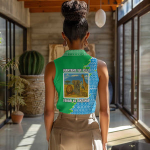 Tanzania Wildlife Women Sleeveless Polo Shirt - Tribal Print and Mount Kilimanjaro Safari Scene