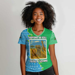 Tanzania Wildlife Women V-Neck T-Shirt - Tribal Print and Mount Kilimanjaro Safari Scene