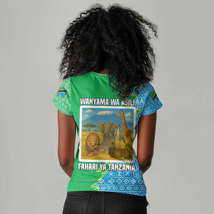Tanzania Wildlife Women V-Neck T-Shirt - Tribal Print and Mount Kilimanjaro Safari Scene
