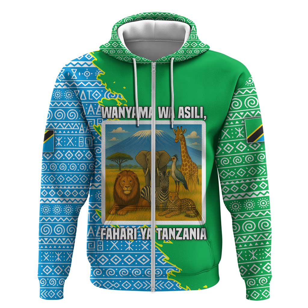 Tanzania Wildlife Zip Hoodie - Tribal Print and Mount Kilimanjaro Safari Scene