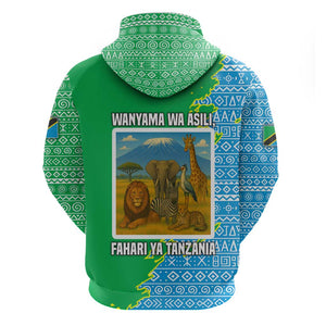 Tanzania Wildlife Zip Hoodie - Tribal Print and Mount Kilimanjaro Safari Scene
