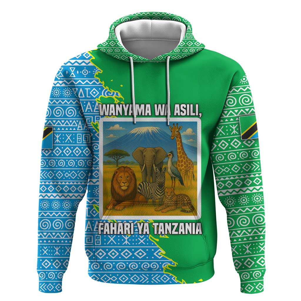Tanzania Wildlife Zip Hoodie - Tribal Print and Mount Kilimanjaro Safari Scene