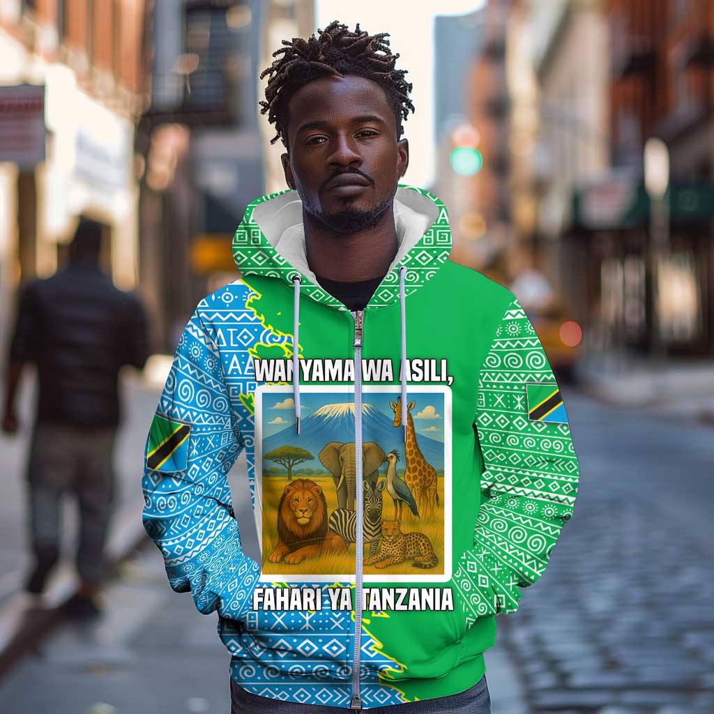 Tanzania Wildlife Zip Hoodie - Tribal Print and Mount Kilimanjaro Safari Scene