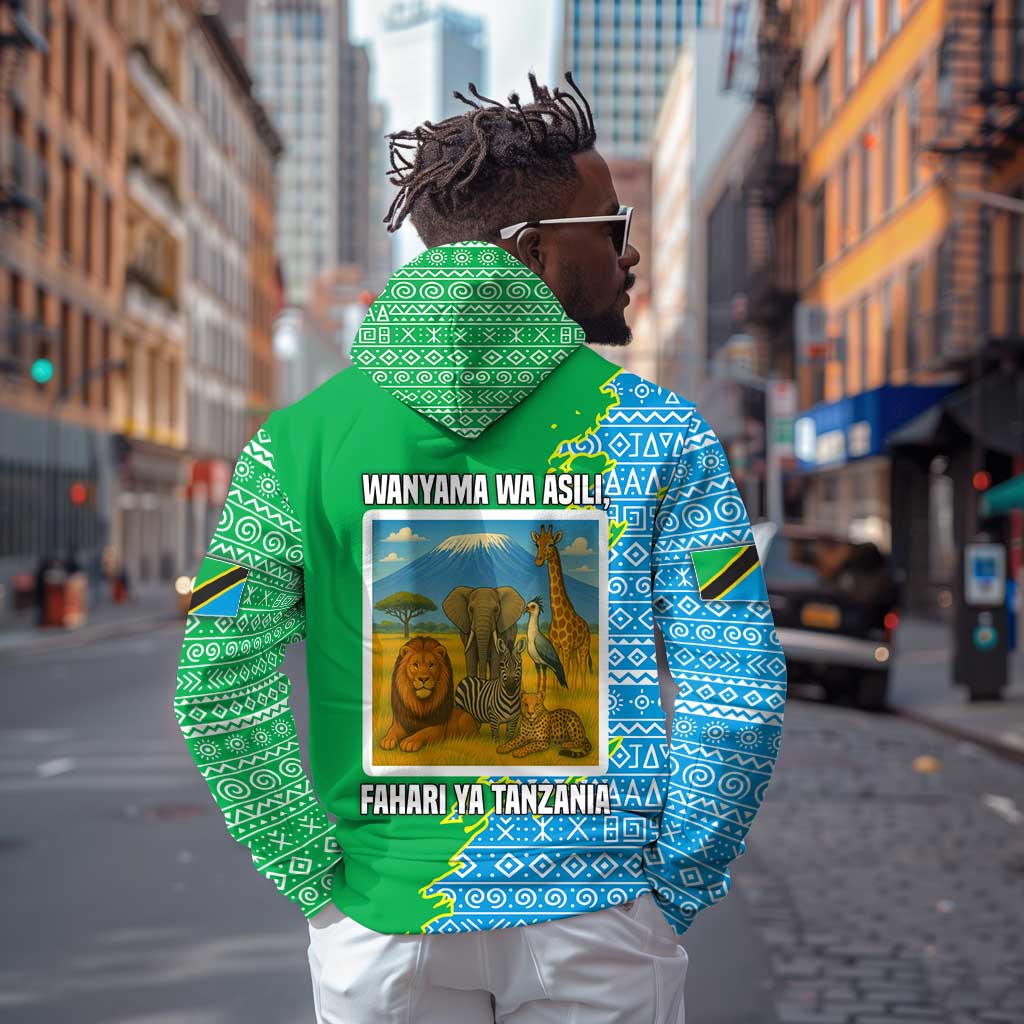 Tanzania Wildlife Zip Hoodie - Tribal Print and Mount Kilimanjaro Safari Scene
