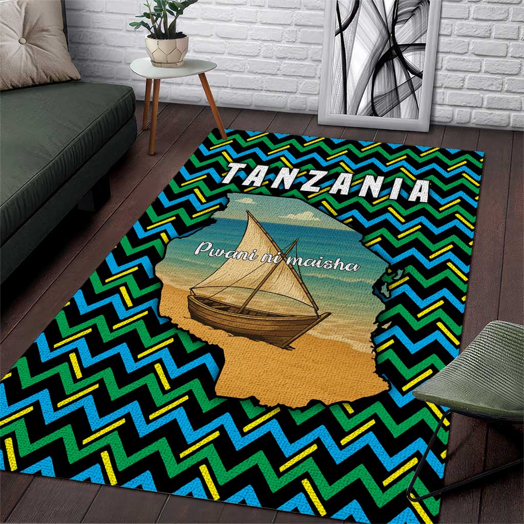 Tanzania Coastal Life Area Rug - Swahili Dhow Boat and Tribal Pattern