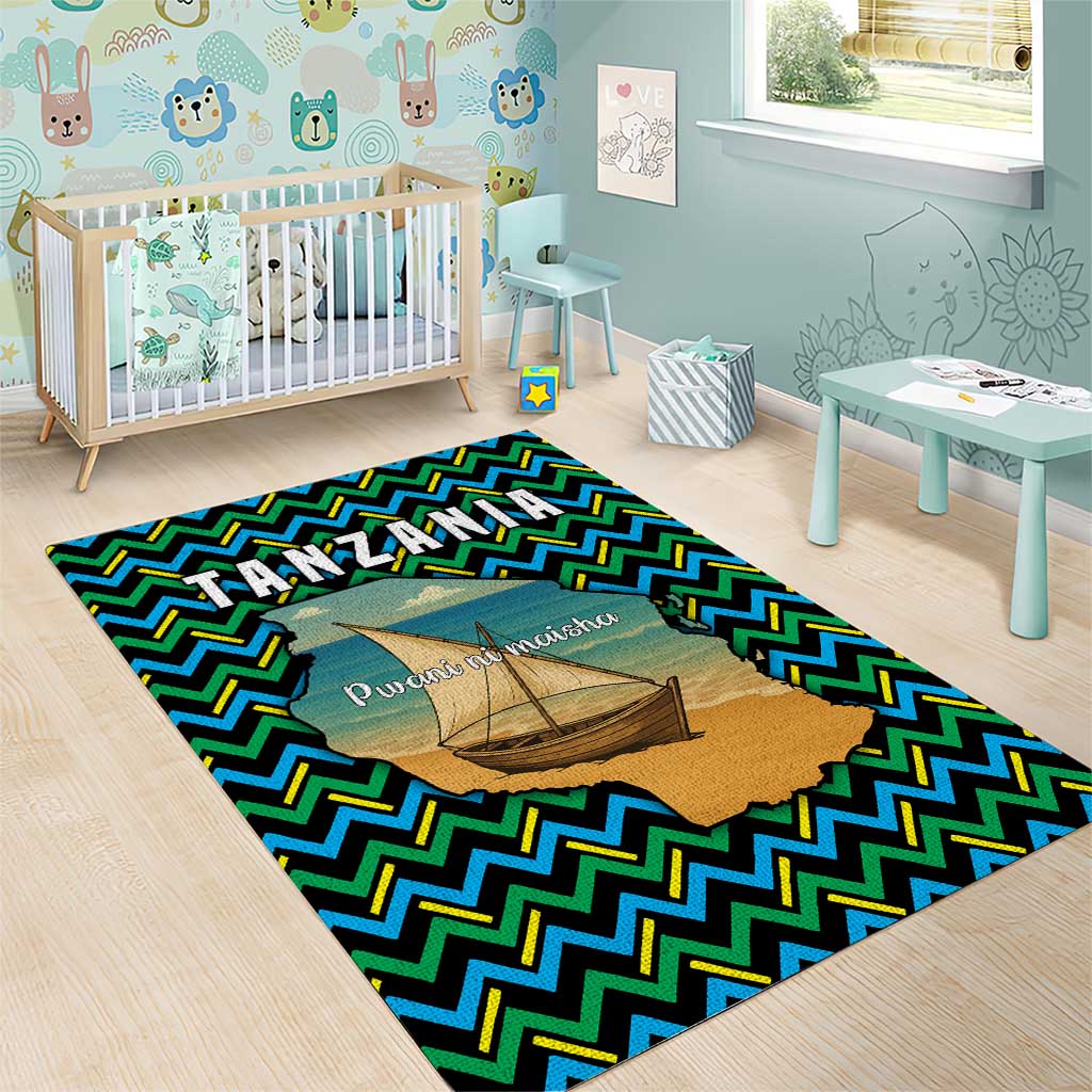 Tanzania Coastal Life Area Rug - Swahili Dhow Boat and Tribal Pattern