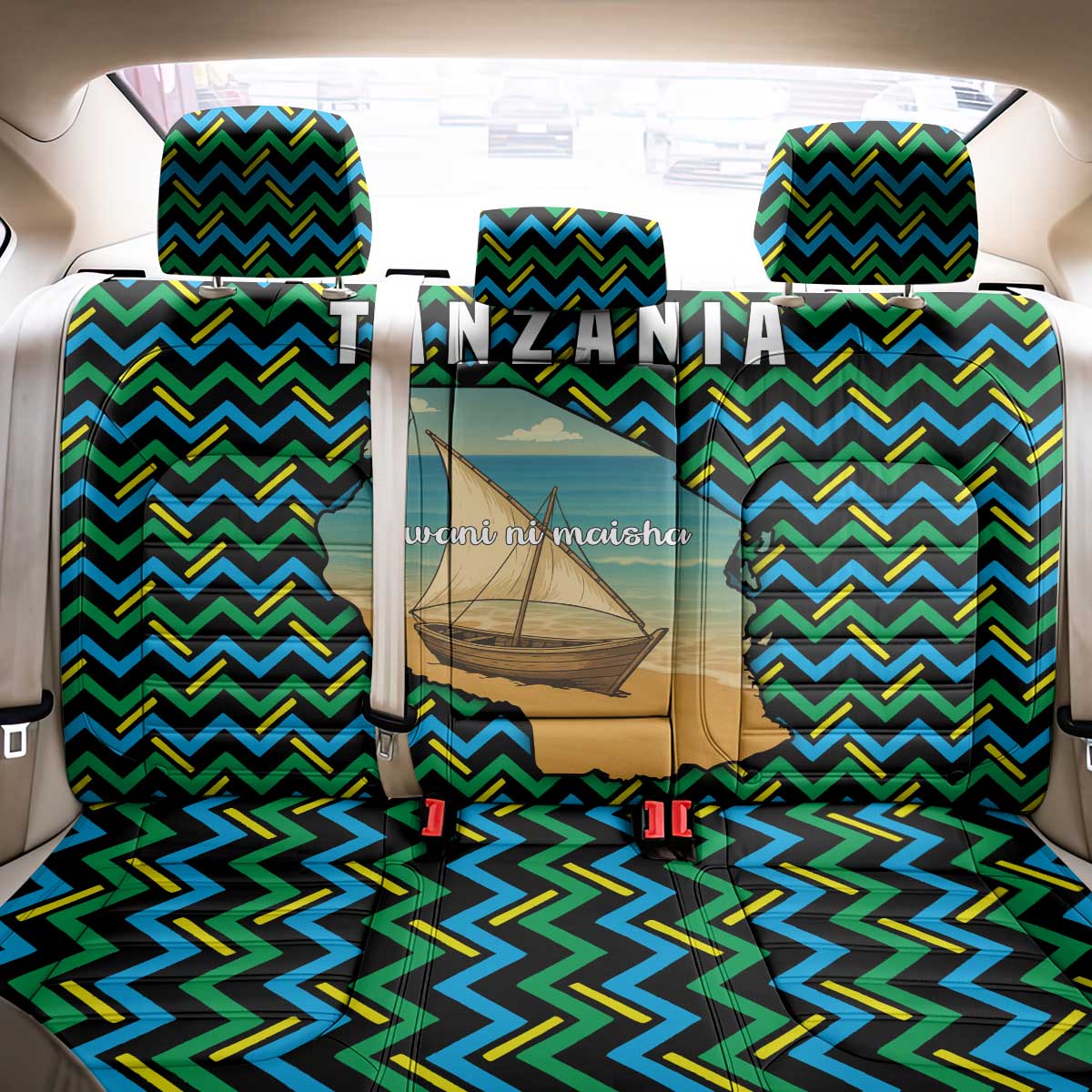 Tanzania Coastal Life Back Car Seat Cover - Swahili Dhow Boat and Tribal Pattern