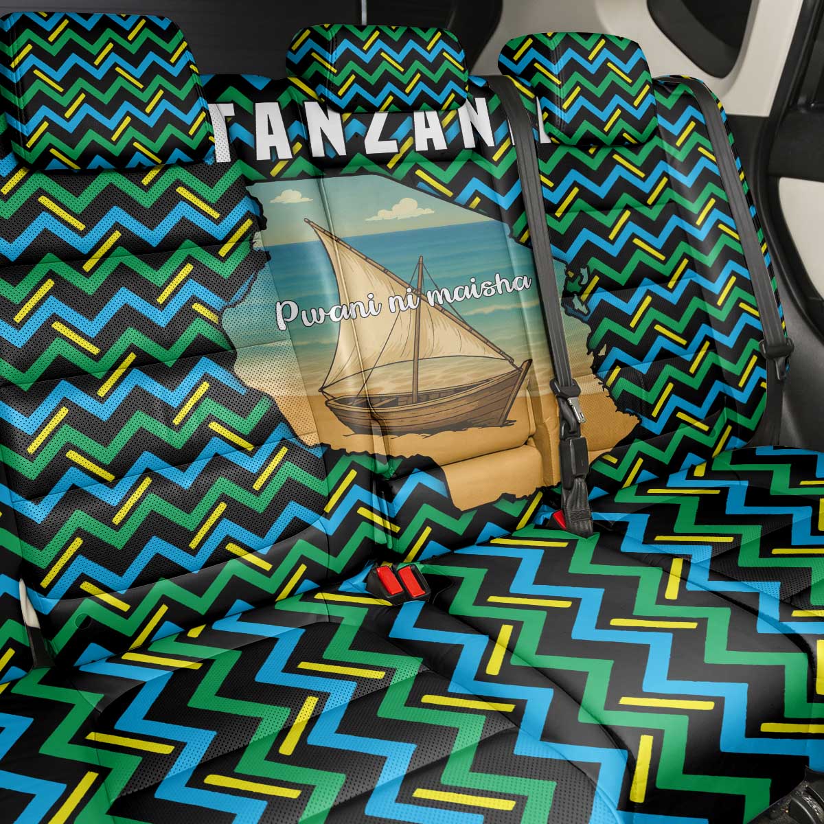 Tanzania Coastal Life Back Car Seat Cover - Swahili Dhow Boat and Tribal Pattern