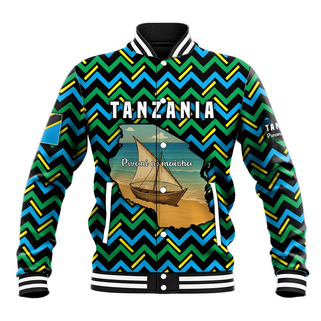 Tanzania Coastal Life Baseball Jacket - Swahili Dhow Boat and Tribal Pattern
