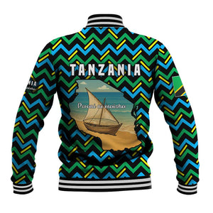 Tanzania Coastal Life Baseball Jacket - Swahili Dhow Boat and Tribal Pattern
