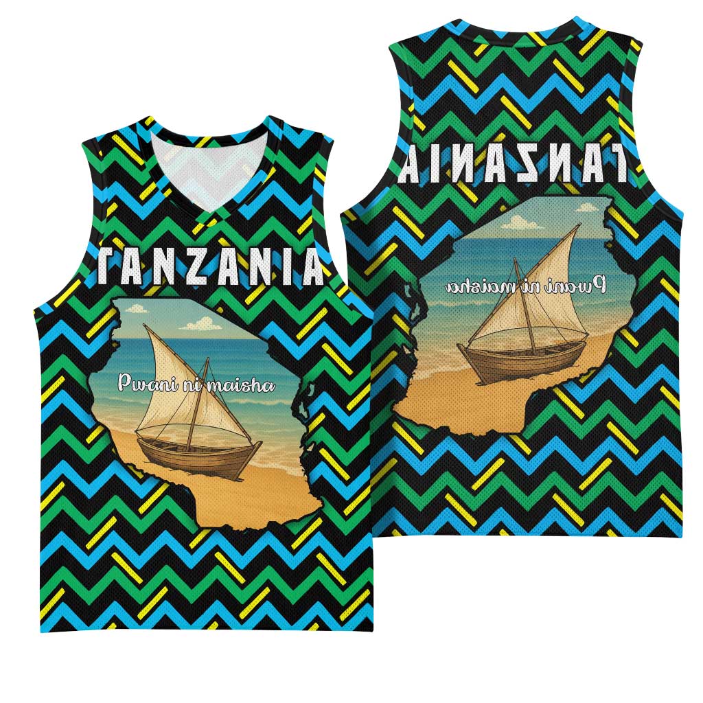 Tanzania Coastal Life Basketball Jersey - Swahili Dhow Boat and Tribal Pattern - African Pride