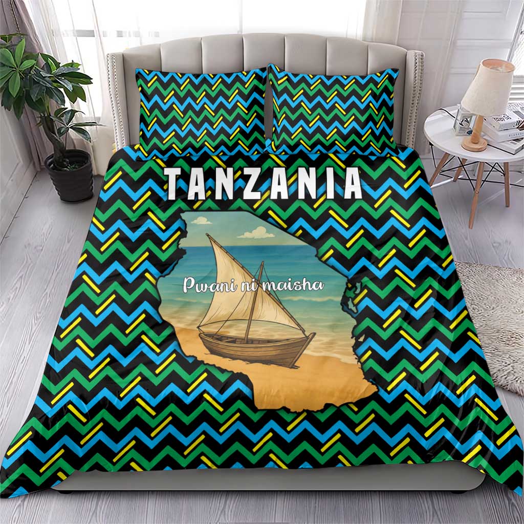Tanzania Coastal Life Bedding Set - Swahili Dhow Boat and Tribal Pattern