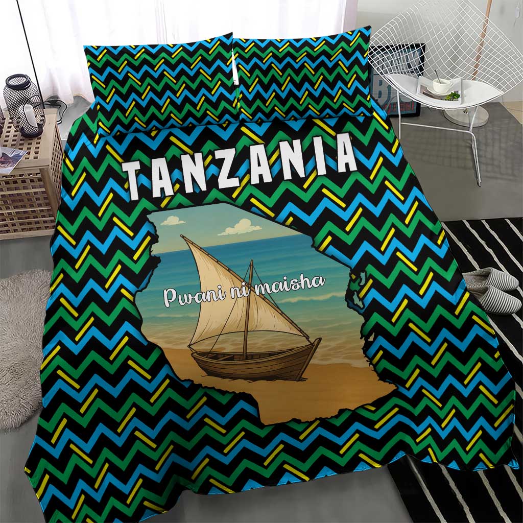 Tanzania Coastal Life Bedding Set - Swahili Dhow Boat and Tribal Pattern