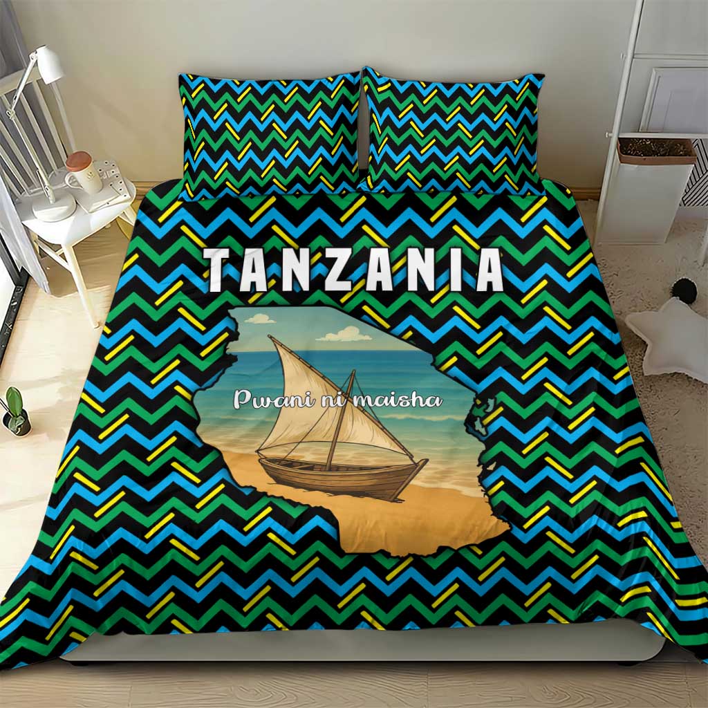 Tanzania Coastal Life Bedding Set - Swahili Dhow Boat and Tribal Pattern