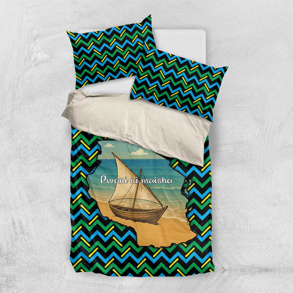 Tanzania Coastal Life Bedding Set - Swahili Dhow Boat and Tribal Pattern