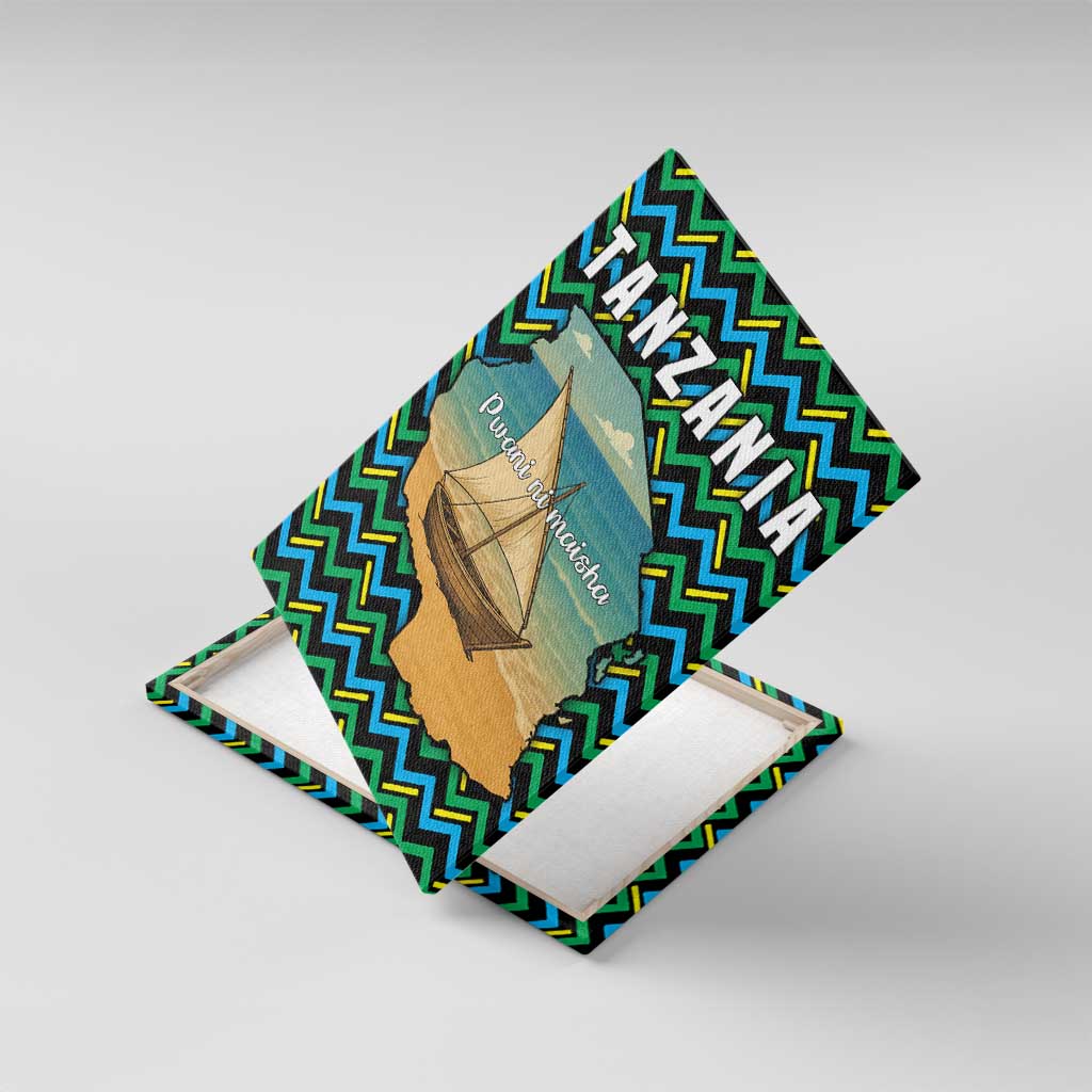 Tanzania Coastal Life Canvas Wall Art - Swahili Dhow Boat and Tribal Pattern