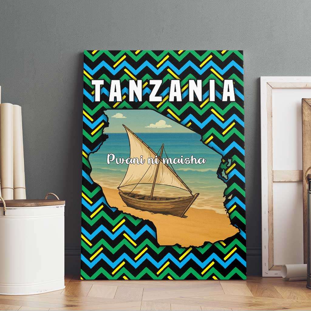 Tanzania Coastal Life Canvas Wall Art - Swahili Dhow Boat and Tribal Pattern