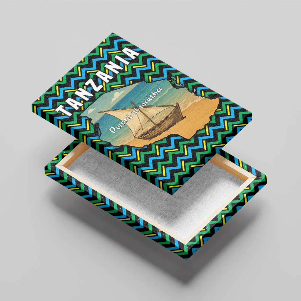 Tanzania Coastal Life Canvas Wall Art - Swahili Dhow Boat and Tribal Pattern