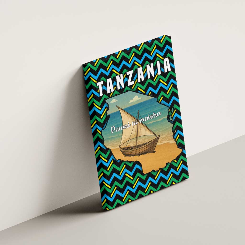 Tanzania Coastal Life Canvas Wall Art - Swahili Dhow Boat and Tribal Pattern