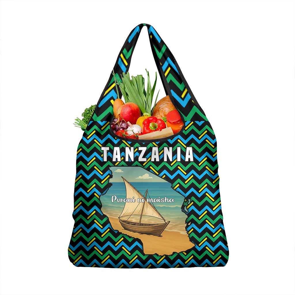 Tanzania Coastal Life Grocery Bag - Swahili Dhow Boat and Tribal Pattern