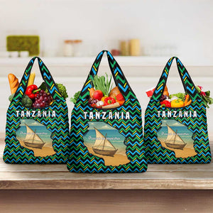 Tanzania Coastal Life Grocery Bag - Swahili Dhow Boat and Tribal Pattern