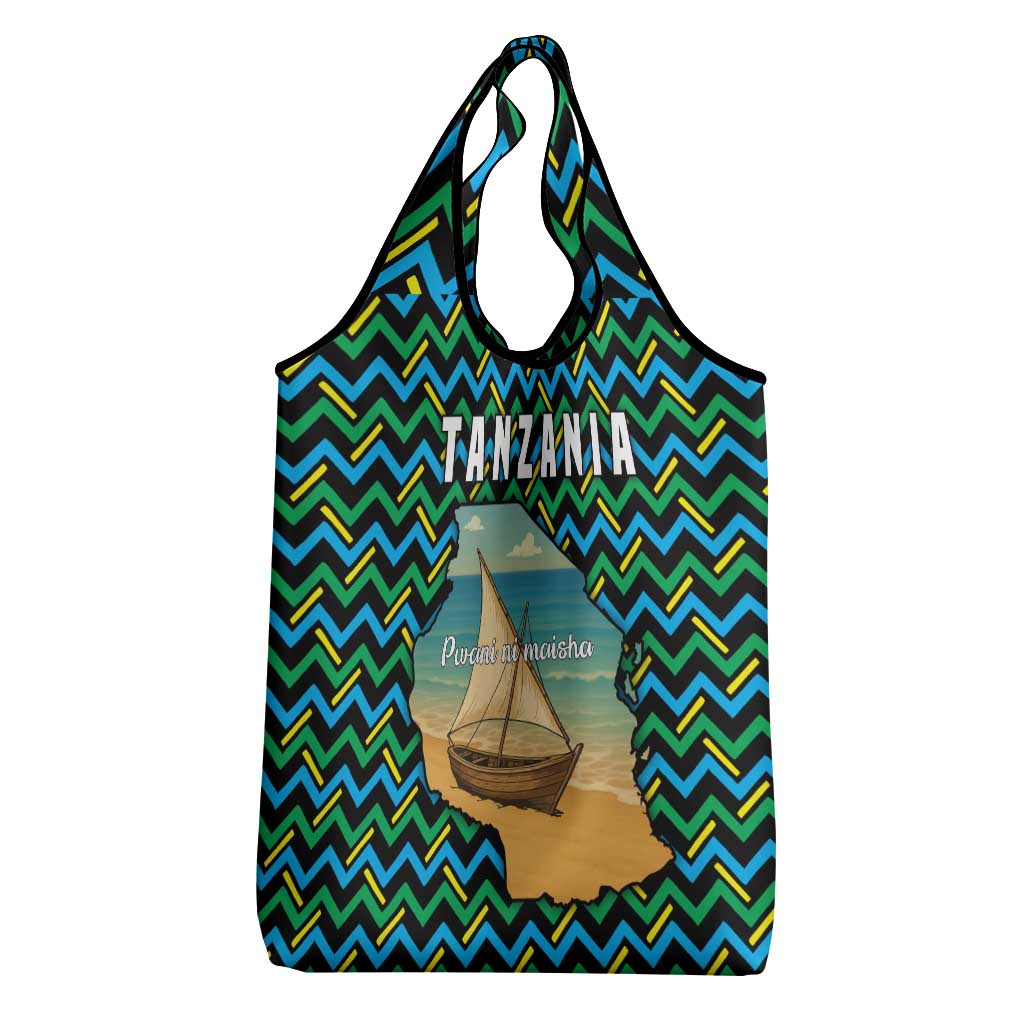 Tanzania Coastal Life Grocery Bag - Swahili Dhow Boat and Tribal Pattern
