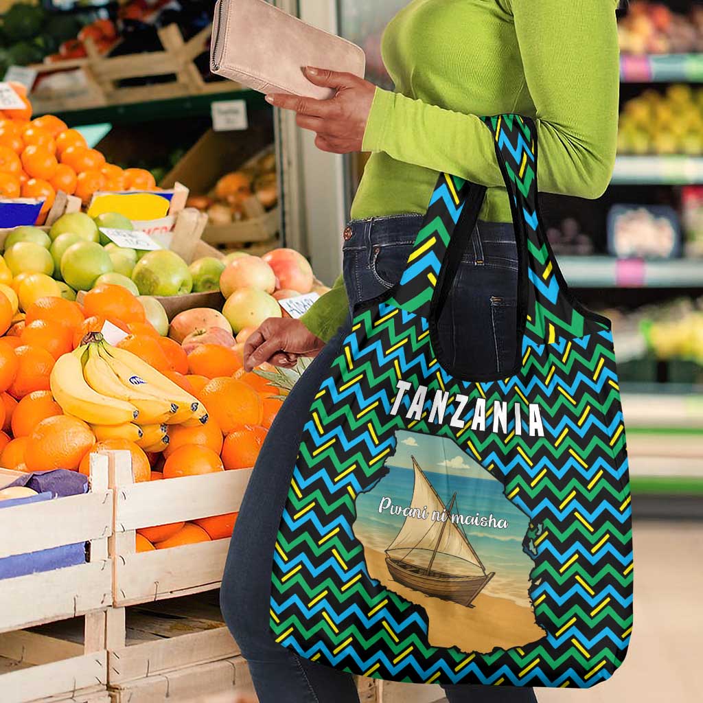 Tanzania Coastal Life Grocery Bag - Swahili Dhow Boat and Tribal Pattern