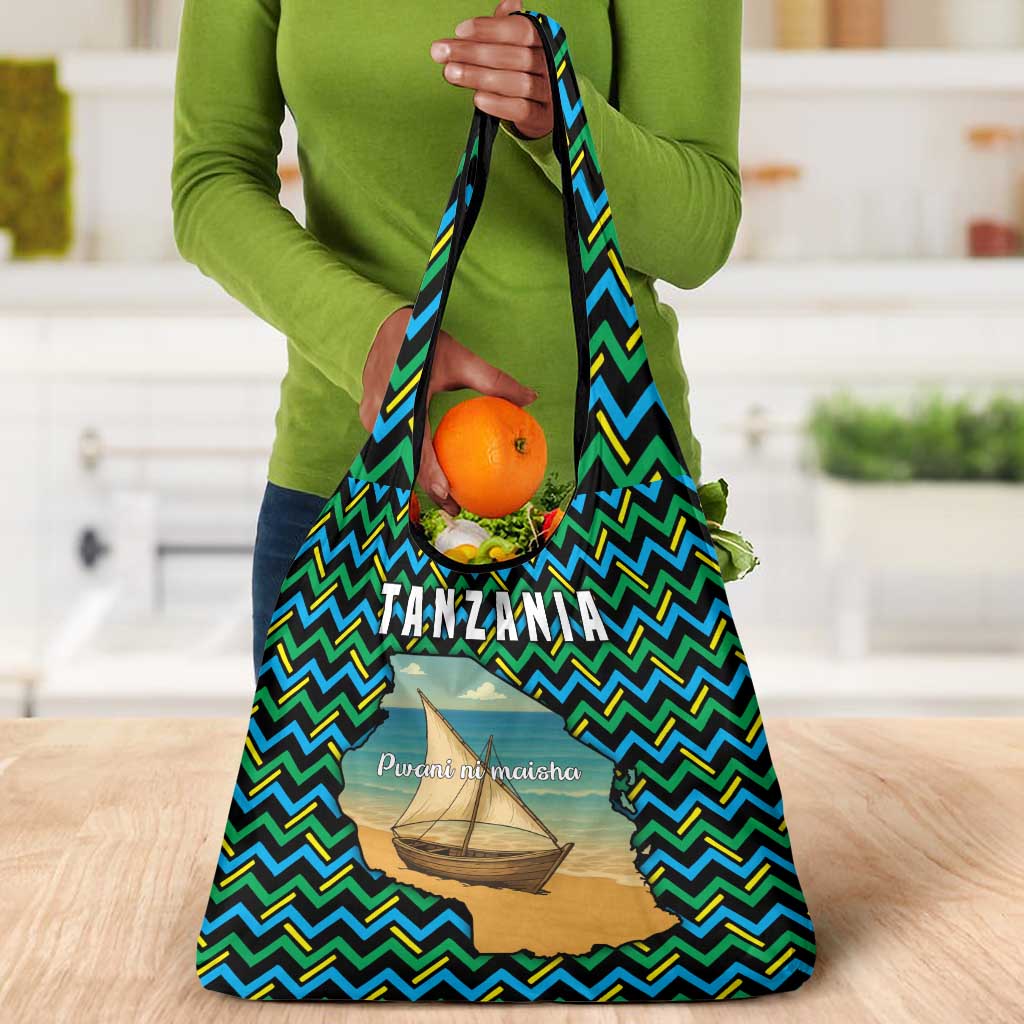 Tanzania Coastal Life Grocery Bag - Swahili Dhow Boat and Tribal Pattern