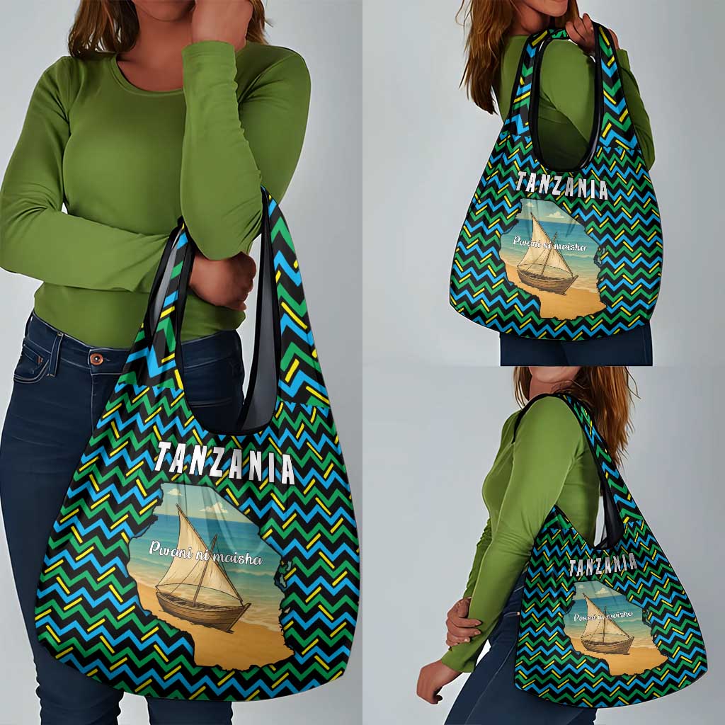 Tanzania Coastal Life Grocery Bag - Swahili Dhow Boat and Tribal Pattern
