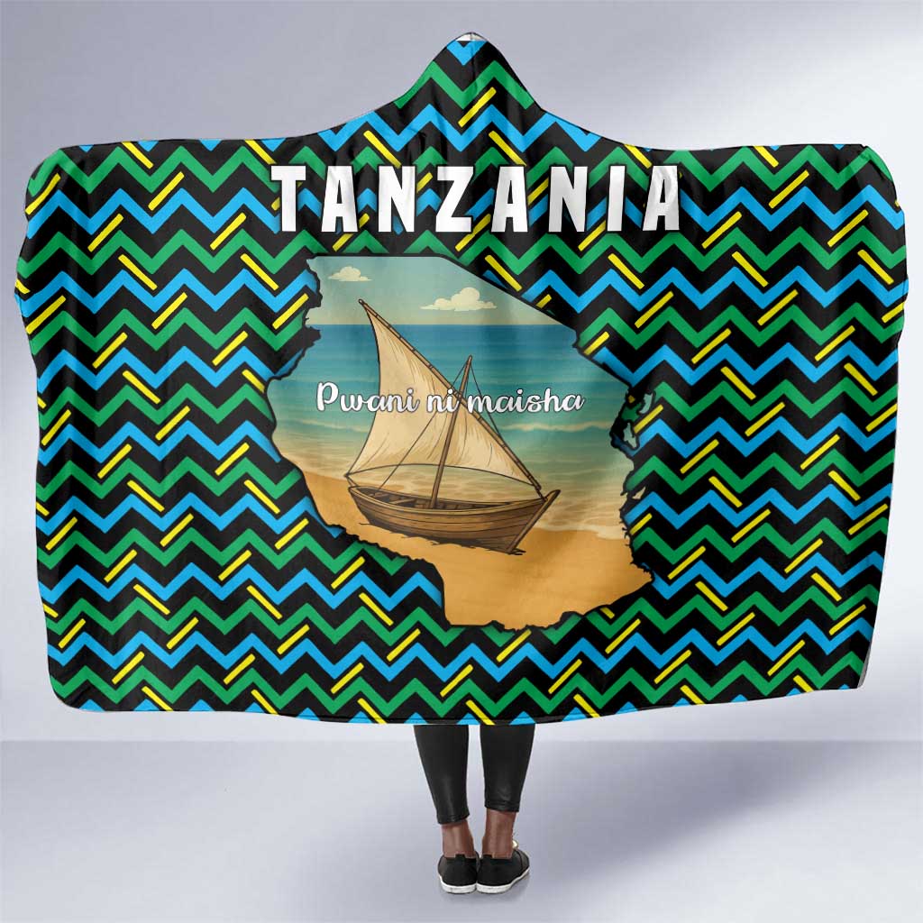 Tanzania Coastal Life Hooded Blanket - Swahili Dhow Boat and Tribal Pattern