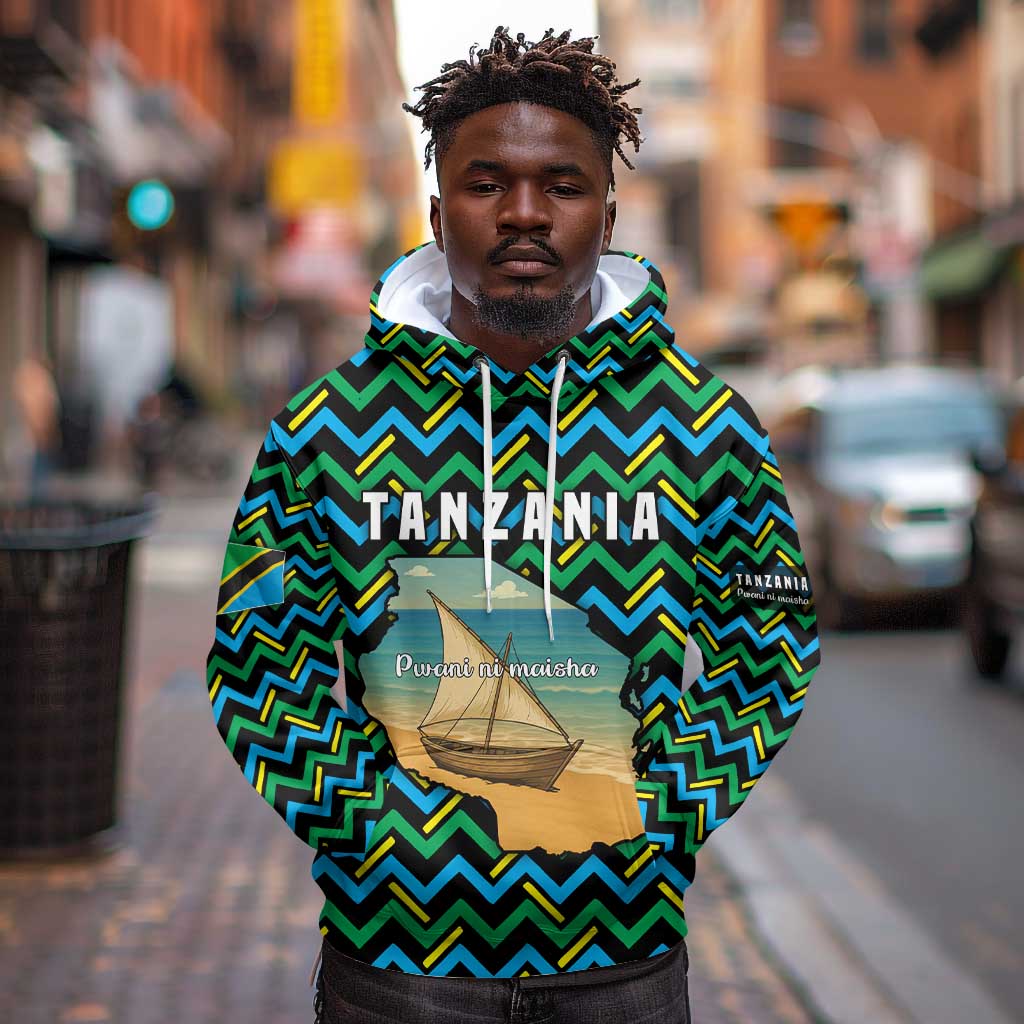 Tanzania Coastal Life Hoodie - Swahili Dhow Boat and Tribal Pattern