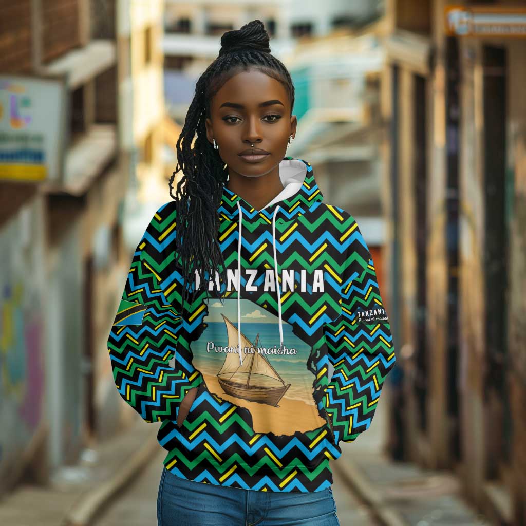Tanzania Coastal Life Hoodie - Swahili Dhow Boat and Tribal Pattern