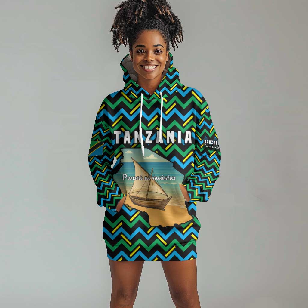Tanzania Coastal Life Hoodie Dress - Swahili Dhow Boat and Tribal Pattern