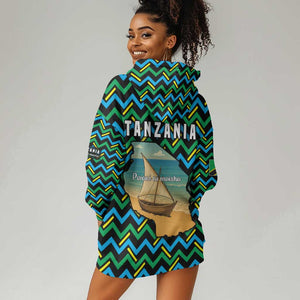 Tanzania Coastal Life Hoodie Dress - Swahili Dhow Boat and Tribal Pattern