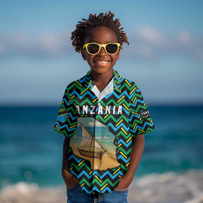 Tanzania Coastal Life Kid Hawaiian Shirt - Swahili Dhow Boat and Tribal Pattern
