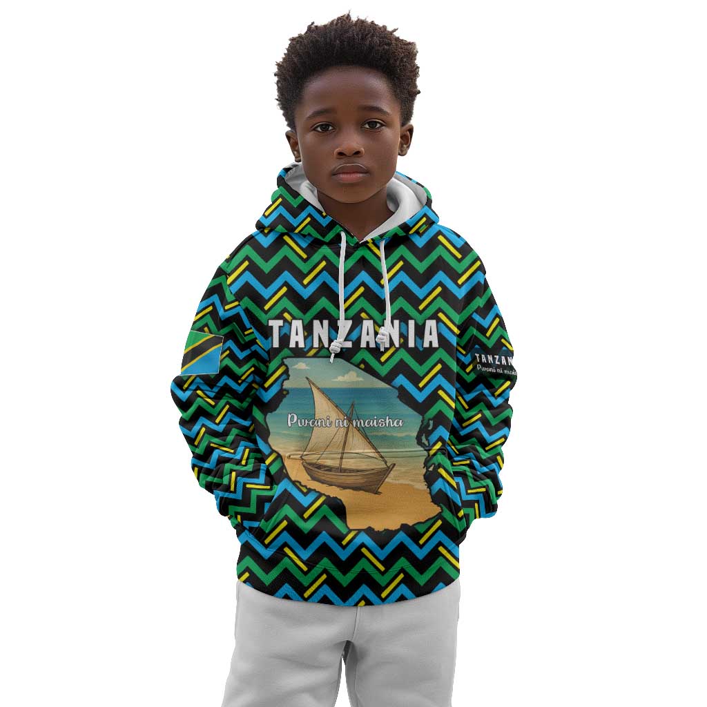 Tanzania Coastal Life Kid Hoodie - Swahili Dhow Boat and Tribal Pattern