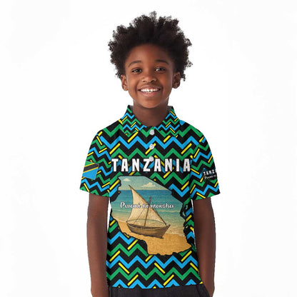 Tanzania Coastal Life Kid Polo Shirt - Swahili Dhow Boat and Tribal Pattern